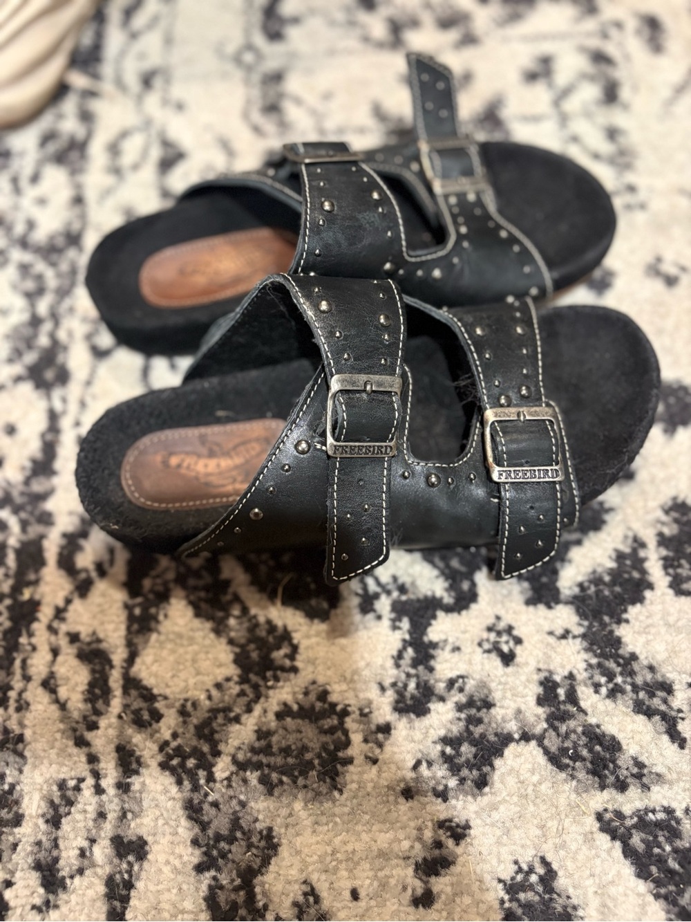 freebird Black Double Buckle Stud Slide Sandals